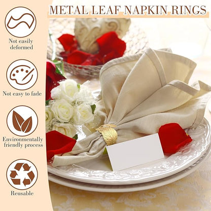 Bokon 100 Pcs Gold Napkin Rings for Wedding Shiny Metal Napkin Holder Study Leaf Shaped Table Decor for Dinner Parties Celebrations Receptions Thanksgiving Easter Christmas