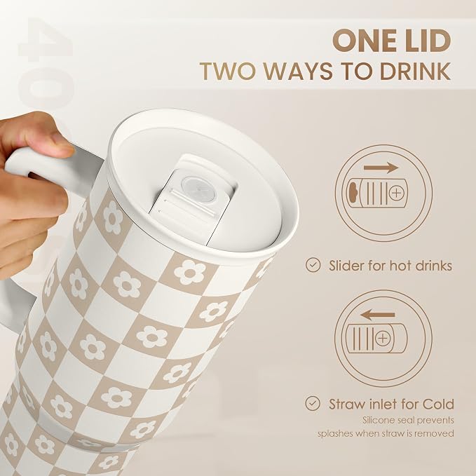 SANDJEST Checker Tumbler with Handle and Straw 40oz – Stainless Sleel Slider - Image 5