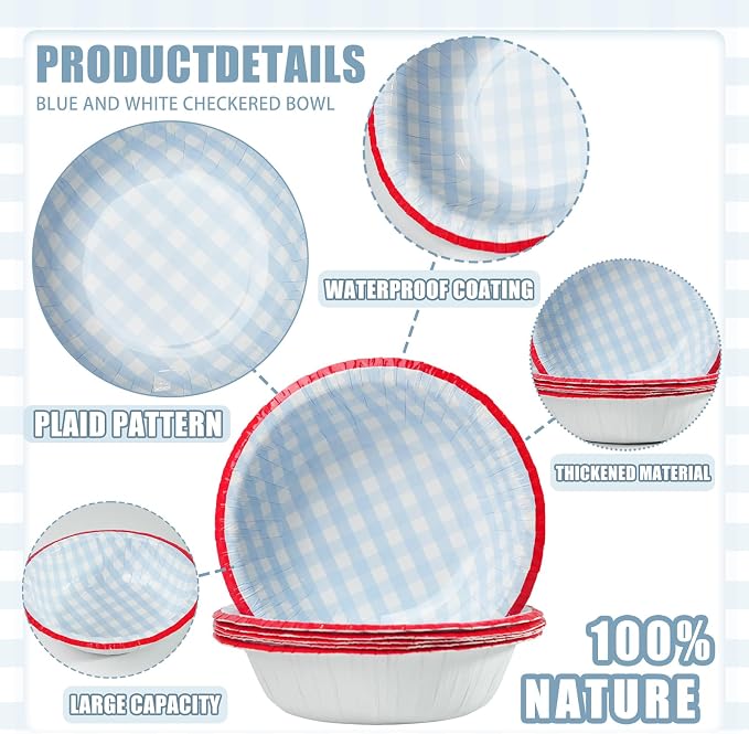 50 Pcs Small Paper Bowls, 8 oz Disposable Gingham Bowls, Soak Proof, Cut Proof - Image 3