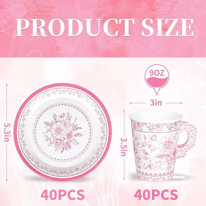 Whaline 80 Pcs Pink White Floral Paper Tea Cups and Saucers Porcelain - Image 2