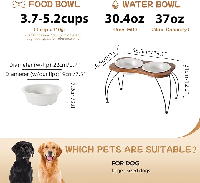 Ceramic 8.7-inch Raised Double-Bowl Set with Non-Slip Stand, 4 Cup Food or 37 oz Water Dishes for Large Dogs, Wide Opening with Rounded Edges(Matt White)