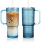 20 oz Blue Glass Tumbler with Lid and Straw, Glass Iced Coffee Cups, by Unknown