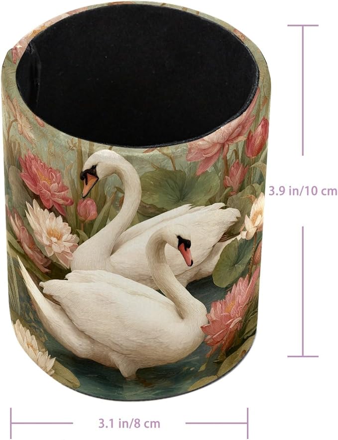 White Swan and Vintage Flowers Leather Pen Holder - Image 3