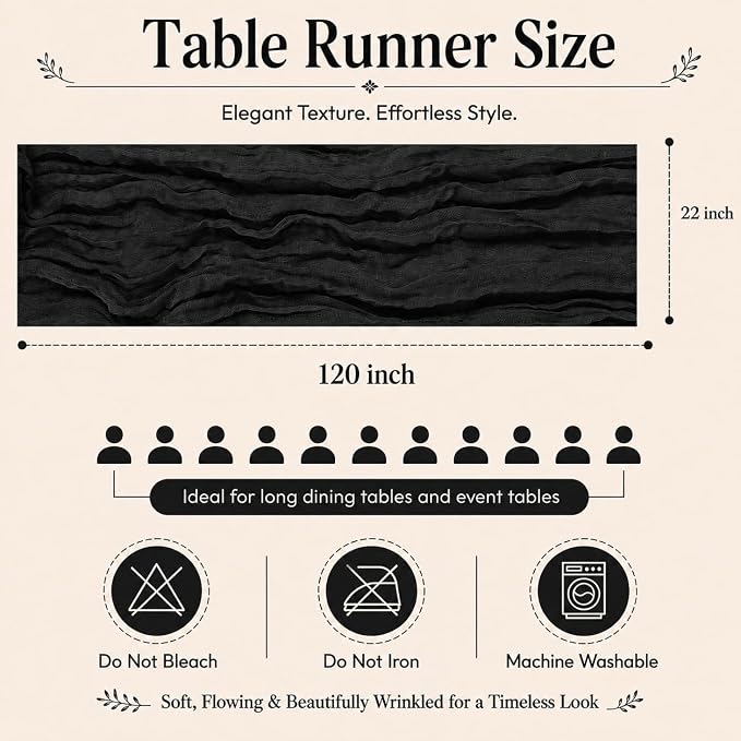 6 Pack Black Cheesecloth Table Runner 22 x 120 Inch | Gauze Table Runners 10FT - Image 2