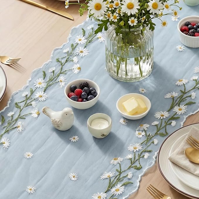 Artoid Mode Daisy Floral Sky Blue Shaped Gauze Embroidery Table Runner 120 Inch - Image 3
