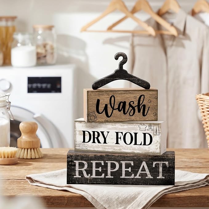 Moucuny 4 Pcs Farmhouse Laundry Room Decor Stacked Blocks, Wash Dry Fold Repeat - Image 2