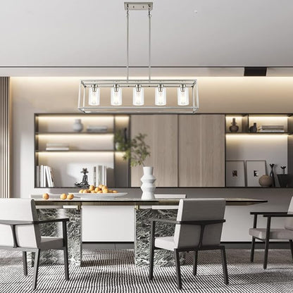 XILICON Dining Room Lighting Fixture Hanging Farmhouse Brushed Nickel 5 Light Modern Pendant Lighting Contemporary Chandeliers with Glass Shade for Living Dining Room Bedroom Kitchen Island