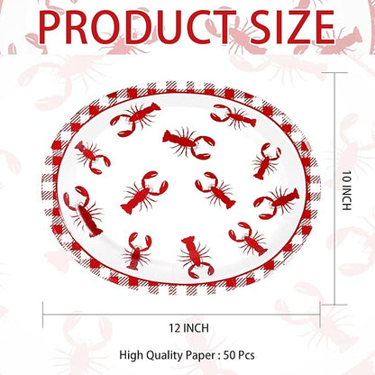 Grencian 50Pcs Crawfish Boil Oval Paper Plates 10" X 12" Disposable Red Grid Pattern Crawfish Party Plates Crawfish Tableware for Lobster BBQ Gathering Picnic Cookout Carnival Birthday Decorations