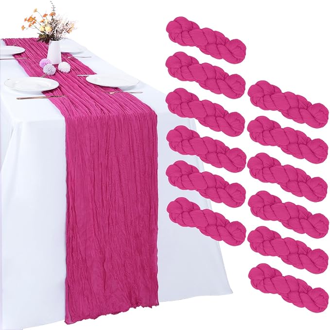 12 Pack Hot Pink Cheesecloth Table Runner 35 x 120 Inch | Boho Gauze Fabric by RestfulGlow