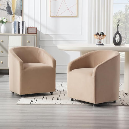 Modern Barrel Dining Chairs with Rolling Casters Set of 2, Upholstered Velvet Swivel Dining Room Chairs with Wheels for Kitchen Living Room Home Office, Khaki