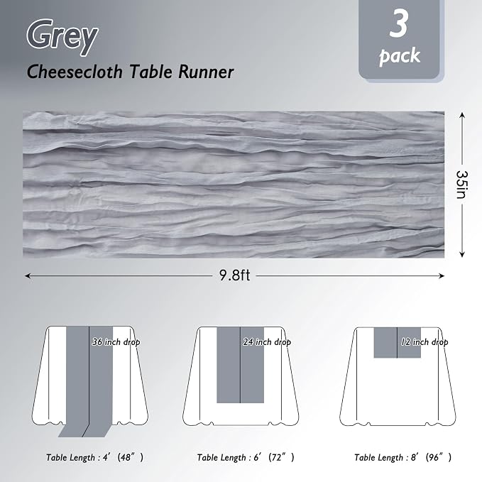 8 Pack Grey Cheesecloth Table Runner 120 Inch Boho Wedding Decor | Cheesecloth - Image 2