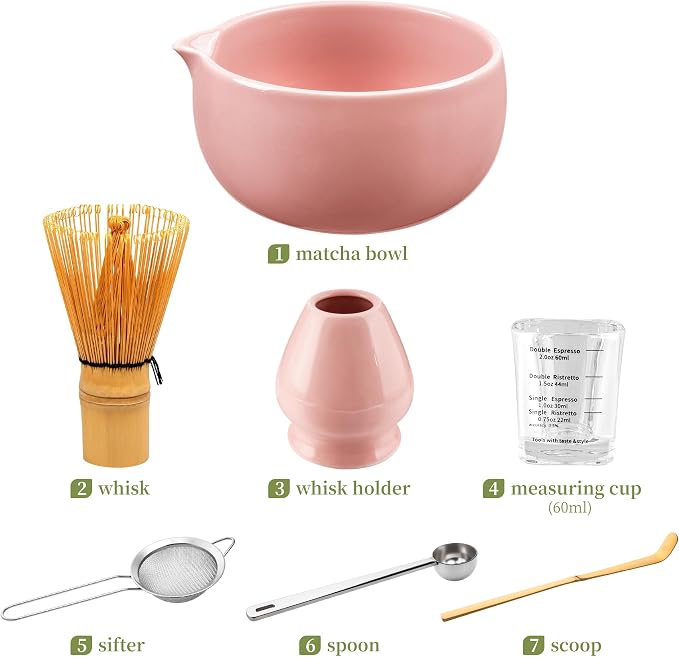 YIBO Matcha Whisk Set Pink, Handcrafted Bamboo Chasen & Ceramic Bowl Matcha Kit - Image 6