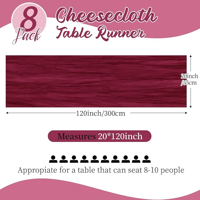 8 Pack Burgundy Cheesecloth Table Runners 20x120 Inch Gauze Table Runner 10FT - Image 2