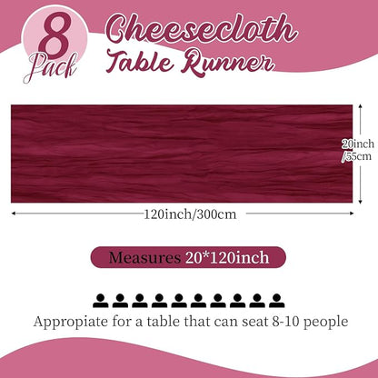 8 Pack Burgundy Cheesecloth Table Runners 20x120 Inch Gauze Table Runner 10FT - Image 2