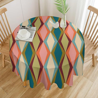 Abstract Geometric Boho Round Tablecloth, Retro Modern Mid Century Tablecloth for Home Party Dining Room Kitchen Decor 60Inch(152cm)