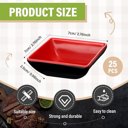 Hushee 25 Pcs Dipping Bowls Soy Sauce Dishes Dipping Sauce Cups Serving Plate Set Black Red Side Small Dish Pinch Bowls for Condiment, Soy, BBQ, Desserts(Square)