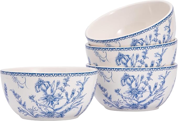 Bico Blue Garden Toile De Jouy Cereal Bowls Set of 4, 26 oz Deep Ceramic Soup by Bico