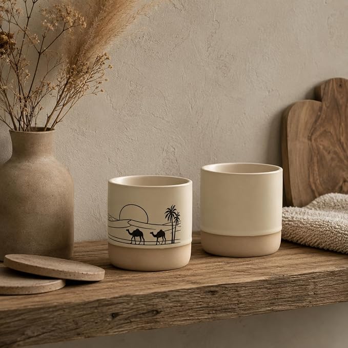 Ceramic Coffee Mug Set with DIY Canvas, 8oz Desert Sunset Camel Pottery Cup - Image 2
