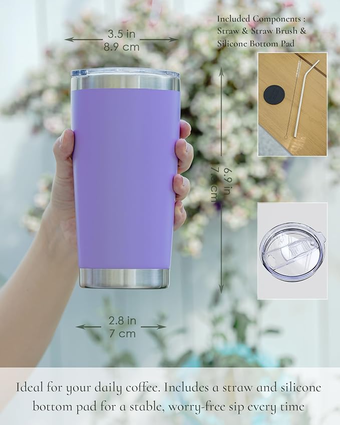 20oz Travel Coffee Tumbler 8 Pack, Lids and Straws, Stainless Steel | Double - Image 2