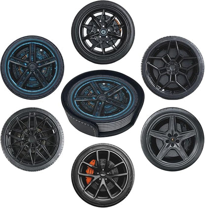 Tire Pattern Coasters for Drinks with Holder Round Leather Coasters Set of 6 Cups Mugs Mat Pad for Home Kitchen Bar