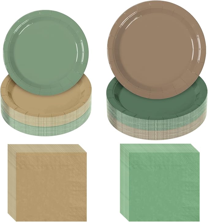 180Pcs Green and Brown Party Supplies Paper Plates and Napkins Serve 60 | by Hpscdyo