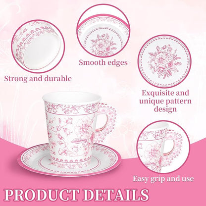 Whaline 80 Pcs Pink White Floral Paper Tea Cups and Saucers Porcelain - Image 3
