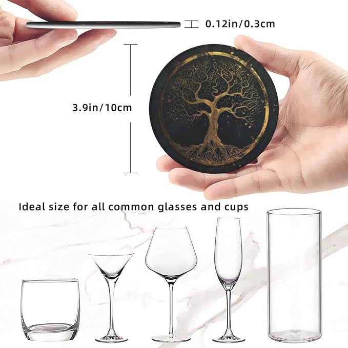 Drink Coasters with Holder Stand Set of 6, Marble Gold Tree of Life Pu Leather - Image 3
