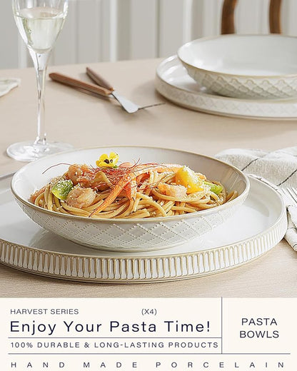 getstar Pasta Bowls, Large Salad Serving Bowls (7.6 inch & 22 oz), Ceramic Bowl Plates Set of 4, Farmhouse Embossments, Microwave and Dishwasher Safe