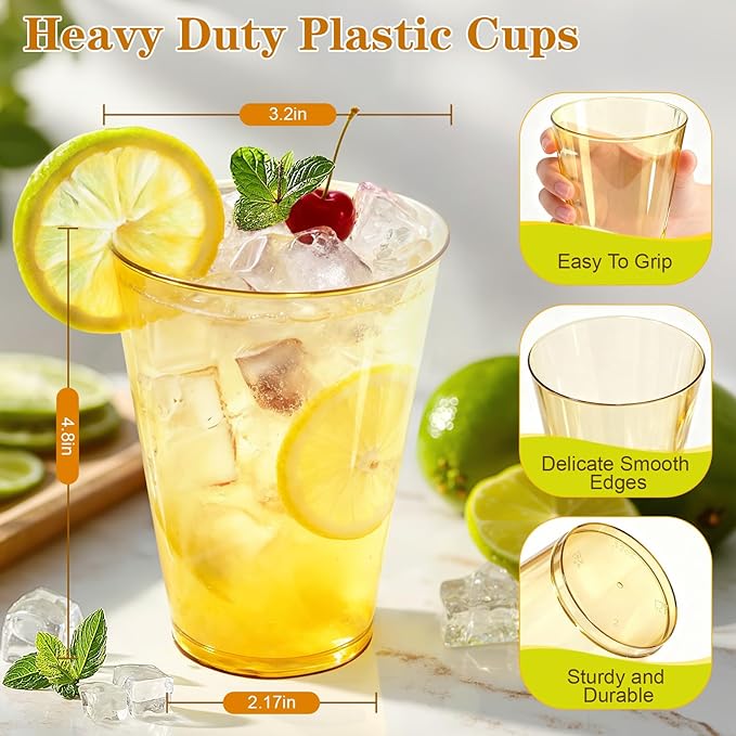 Glowserve 100 Pack 12 oz Gold Disposable Plastic Cups Cocktail Glasses | Cold - Image 2