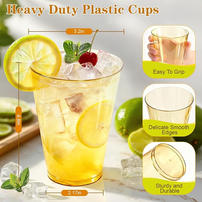 Glowserve 200 Pack 12 oz Gold Disposable Plastic Cups Cocktail Glasses | Cold - Image 2