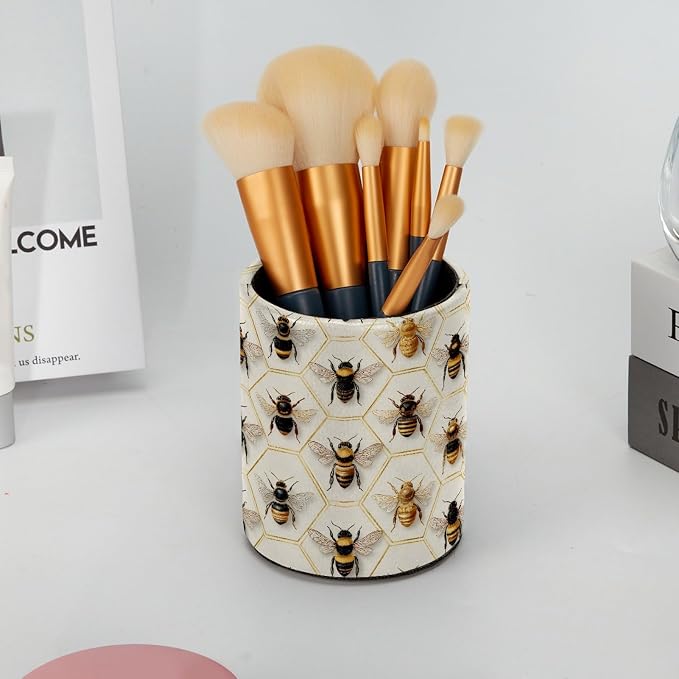 Leather Pen Holder for Desk, Honeycomb Bees Pencil Cup Pen Organizer Makeup - Image 6