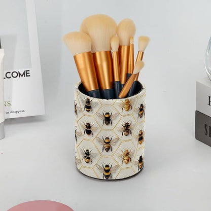 Leather Pen Holder for Desk, Honeycomb Bees Pencil Cup Pen Organizer Makeup - Image 6