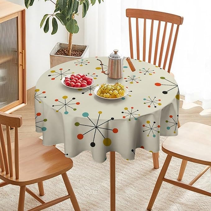 Medieval Round Tablecloth, Boho Mid Century Abstract Modern Retro Colors Pattern Tablecloth for Home Party Dining Room Kitchen Decor 50Inch(127cm)