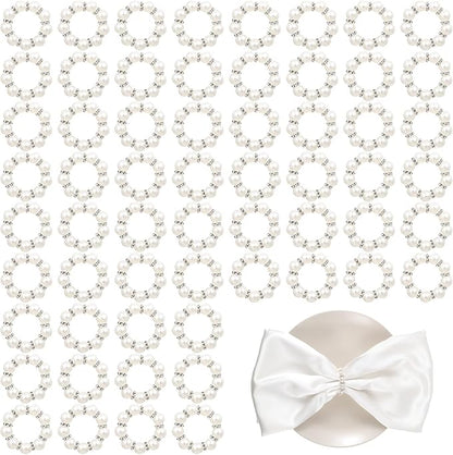 60Pcs Pearl Napkin Rings,Imitation Pearl Beaded Napkin Ring Holder,Serviette Napkins Rings Bulk for Wedding Reception Dinner Table Decor Banquet Home Party (White&Silver, 60Pcs)