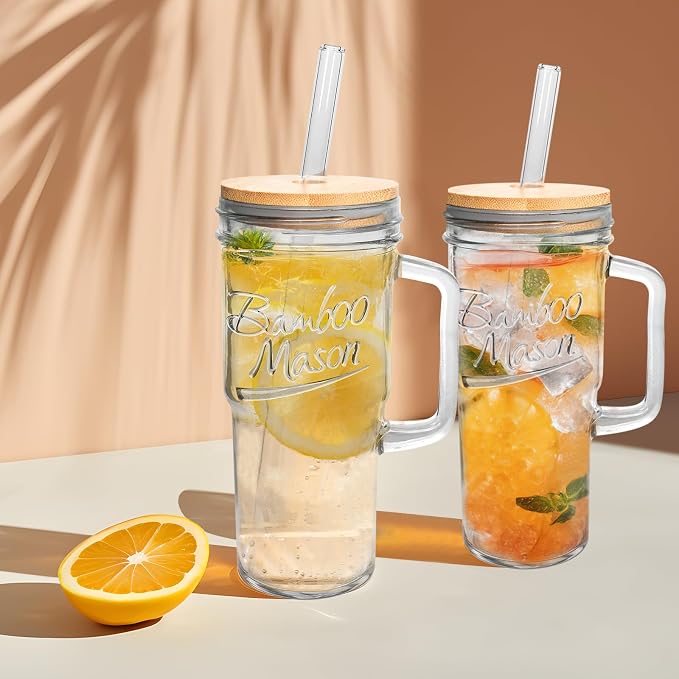 ANOTION Glass Cups with Lids and Straws - 24 oz Tumbler with Handle Christmas - Image 3