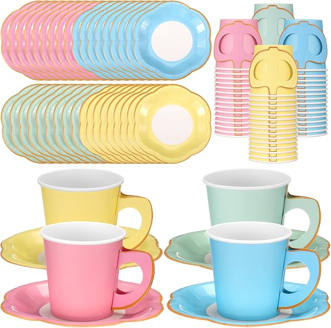 Umigy 60 Sets Pastel Tea Party Decorations 6.5 oz Paper Teacups & Saucer Set by Umigy