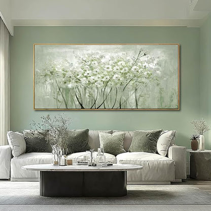 MLART99 Soft Green and White Floral Canvas Extra large Flower Wall Art Texture Botanical Print Plant Posters- 32x70 Inch Modern Home Decor for Living Room Entryway
