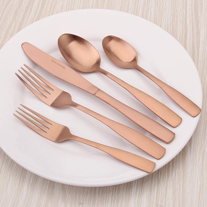 Matte Rose Gold Silverware Set, 20-Piece Stainless Steel Flatware set, - Image 5