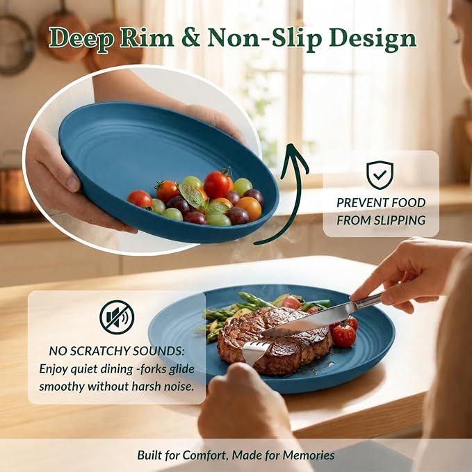 Unbreakable 8 Pcs Deep Dinner Plates Reusable Plastic Wheat Straw Plates Set - Image 4