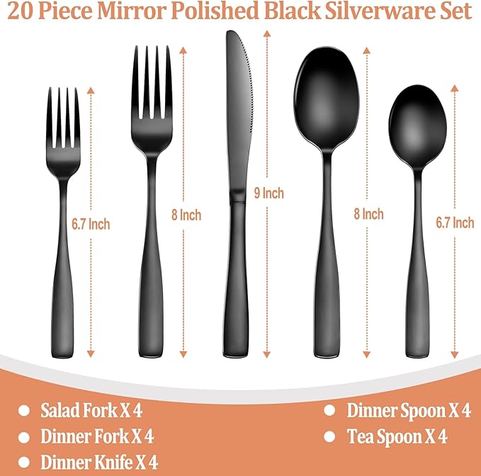 20 Pcs Black Silverware Set, Food-Grade Stainless Steel Flatware Set - Image 2