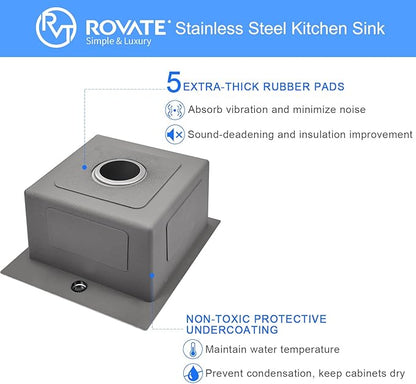ROVATE 17 x 19 Inch Drop in Bar Sink Single Bowl, Topmount 304 Stainless Steel Small Kitchen Sink with 1 Hole, Handmade Overmount Wet Bar Prep Sinks with Basket Strainer
