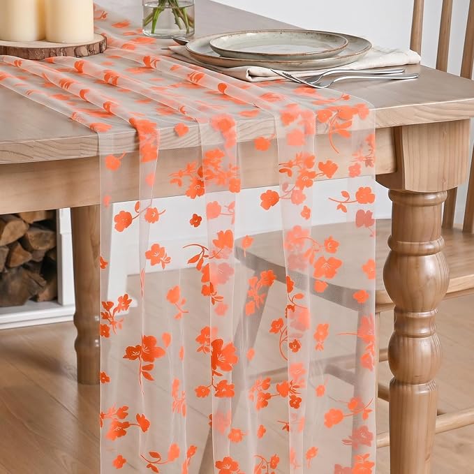 Artoid Mode Orange Gauze Flocking Flowers Table Runner 10FT, Fall Sheer Dining by ArtoidMode