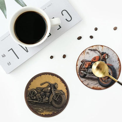 Retro Motorcycle Coasters for Drinks with Holder Round Leather Coasters Set of 6 Cups Mugs Mat Pad for Home Kitchen Bar