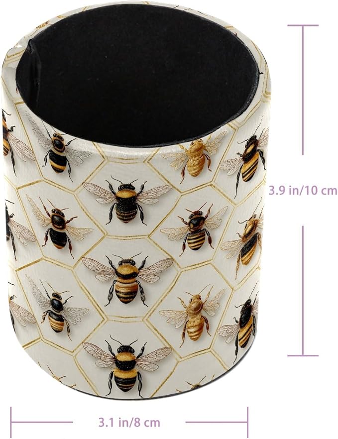 Leather Pen Holder for Desk, Honeycomb Bees Pencil Cup Pen Organizer Makeup - Image 3
