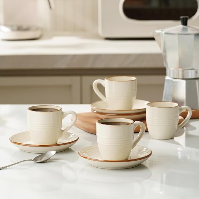 famiware 3oz Espresso Cups and Saucers, Vanilla White | Ceramic Small Coffee Mug - Image 6