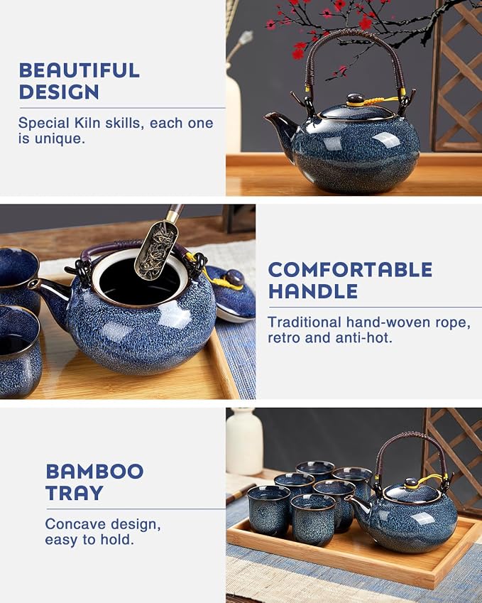 DUJUST Japanese Tea Set for 6, Kiln Altered Glaze Porcelain Tea Set - Image 3