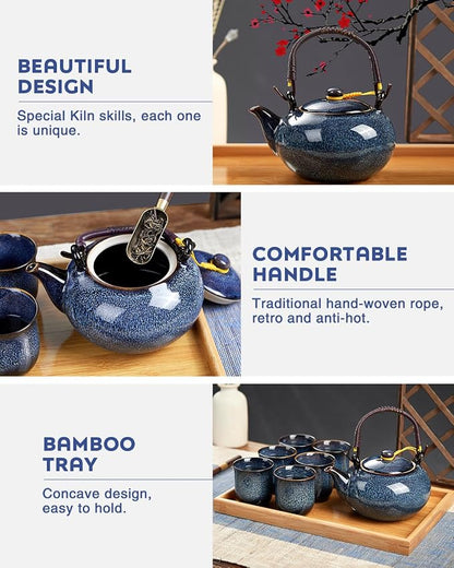 DUJUST Japanese Tea Set for 6, Kiln Altered Glaze Porcelain Tea Set - Image 3