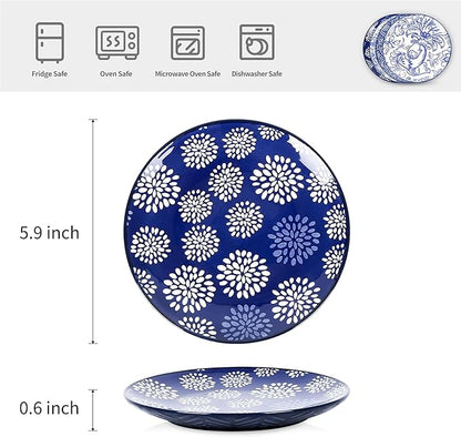 Selamica Dessert Plates Ceramic, 6 Inch Embossed Small Plates for Appetizer, Cake, Snacks, Microwave Dishwasher Safe, Set of 4, Blue