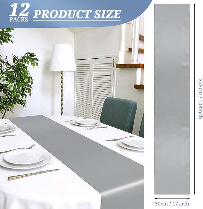 12 Pack Grey Satin Table Runner 12 x 108 Inch Long Premium Table Runners - Image 2