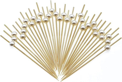 Minisland White Pearl Cocktail Picks, 4.7 Inch Long Bamboo Fancy Toothpicks for Appetizers, Decorative Christmas Bridal Wedding Party Food Drink Garnish Fruit Kabob Skewer Sticks 100 Counts - MSL152